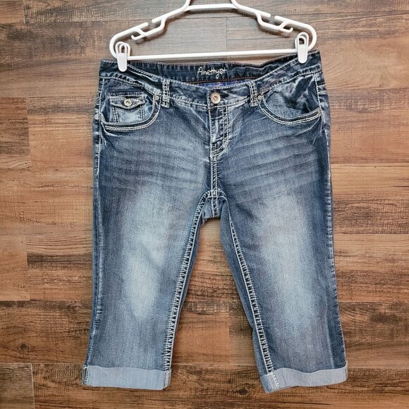Amethyst Jeans Size 14 Jennifer Cuffed Low Rise Medium Dark Wash Stretch - Picture 1 of 11
